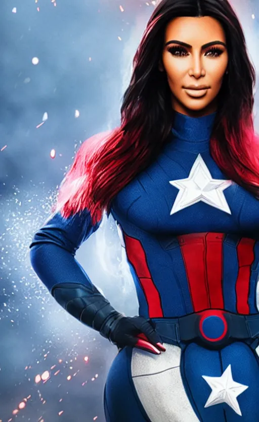 Image similar to Portrait of Kim kardashian as captain america, splash art, movie still, cinematic lighting, dramatic, octane render, long lens, shallow depth of field, bokeh, anamorphic lens flare, 8k, hyper detailed, 35mm film grain