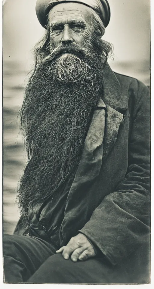 Image similar to a Silver bromide photograph of a grizzled old sea captain, environmental portrait