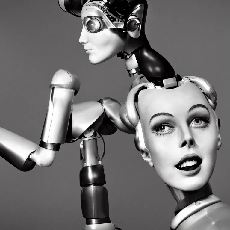 Prompt: 1950s future prediction of an artificially intelligent robot fashion model with stunning eyes smiling at the camera, award winning portrait photo by Annie Leibovitz, super detailed sigma 1.8 55mm boekin