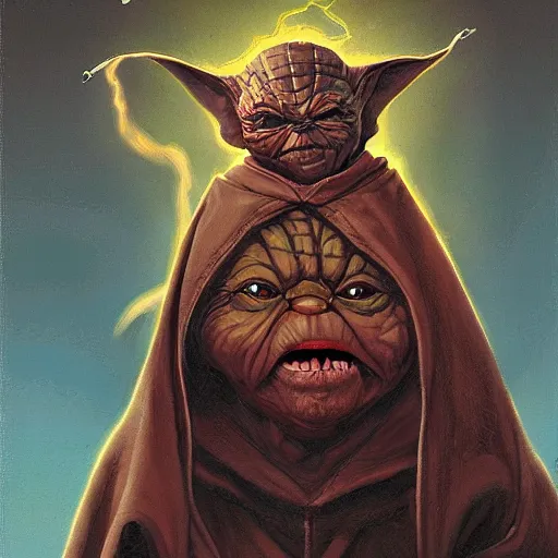 Image similar to portrait of hooded an angry evil yoda as a dark sith, overwhelming energy, detailed background by m. w. kaluta, dark side, volumetric light, floating molecules, digital painting, oil painting, artwork by ralph mcquarrie + cory loftis + paul lehr + ian mcque + eddie mendoza