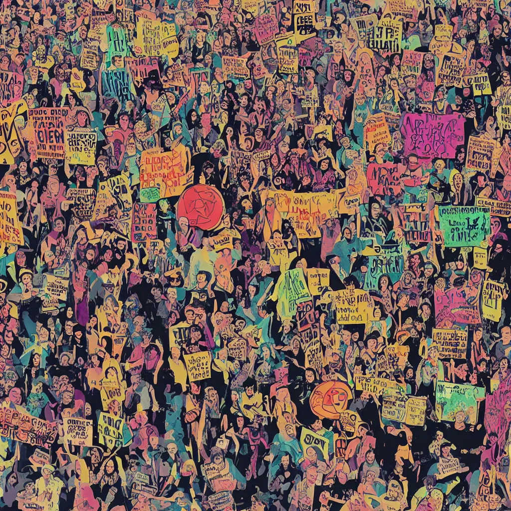 Prompt: a 60's psychedelic poster of hippies protesting against computers and artificial intelligence, sign with a computer