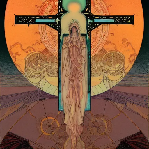 Image similar to a spiritual cross on top of a holy mountain, holy geometry, Mucha, Moebius, Mohrbacher