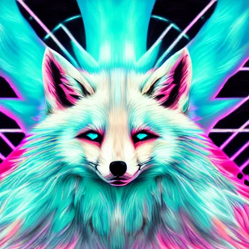 Prompt: digital cyan and white fox, retrowave palette, digital world, highly detailed, electric breeze, anatomically correct vulpine, synth feel, fluffy face, ear floof, flowing fur, super realism, accurate animal imagery, 4 k digital art