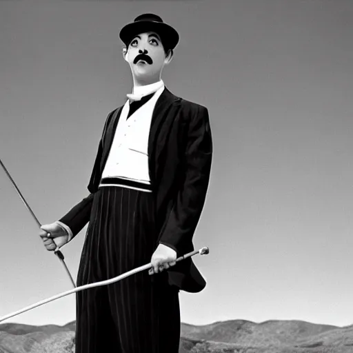 Image similar to film still of Adam Sandler as Charlie Chaplin in Modern Times, 4k, black and white
