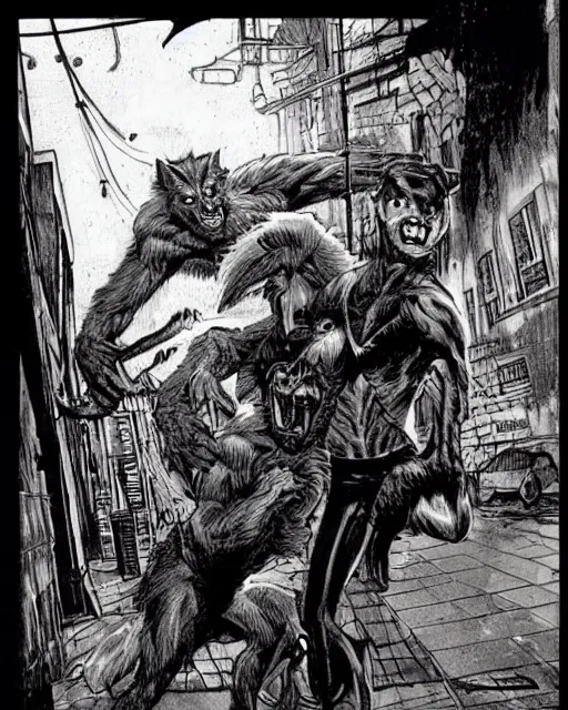 Image similar to a werewolf fighting a vampire in a dark brisbane alley, hd concept art by ron spencer and jean giraud and richard borden.