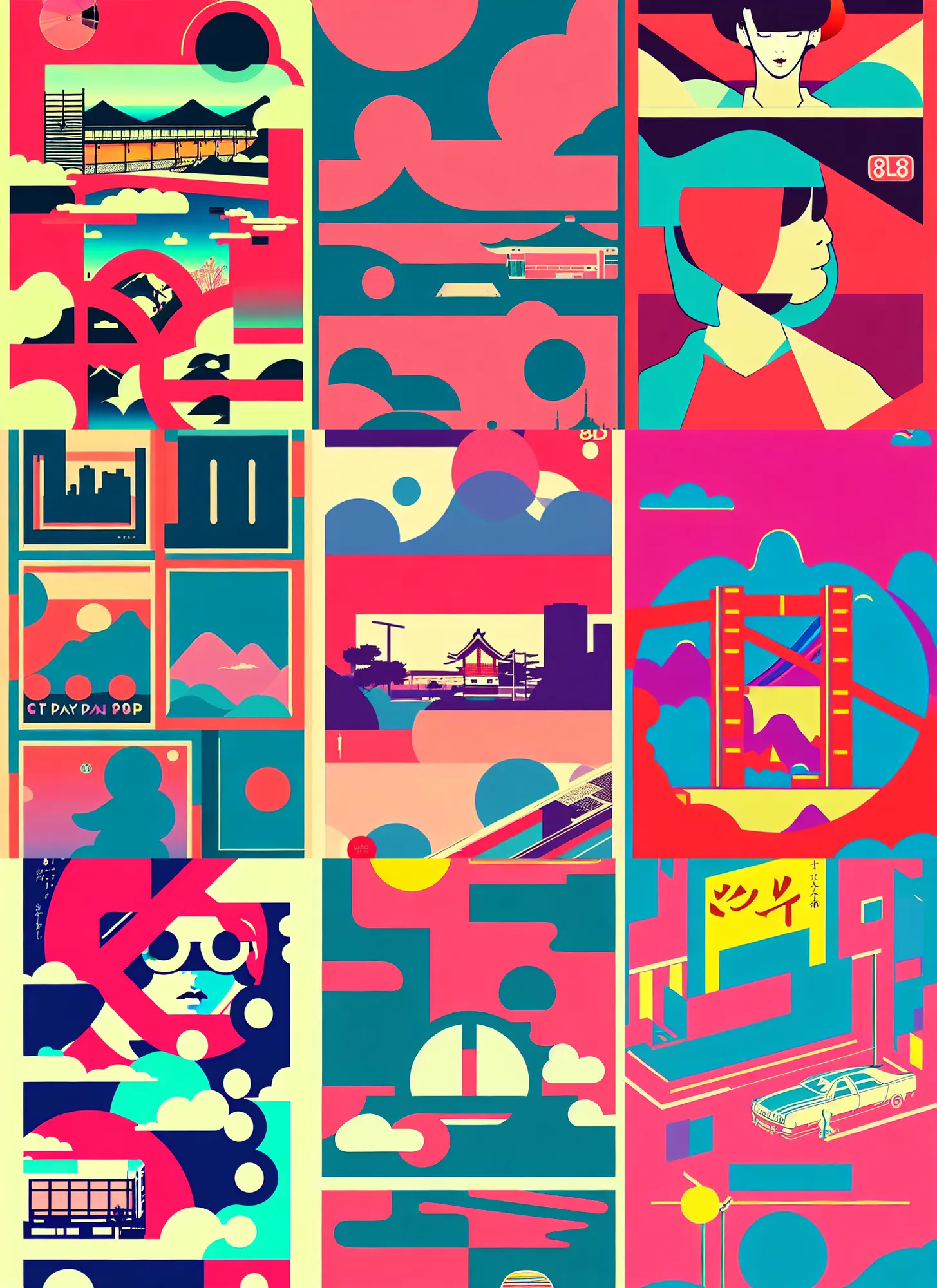 Prompt: beautiful illustration of layout of japanese pop art, city pop, frame, acid, modular synth, music, chillhop, obi strip, poster, 8 0 s, album art, trendy typography, lo - fi, logo, landscape, pinterest, dribble, influenced by retro and vintage, artstation, 8 k, user interface, underground