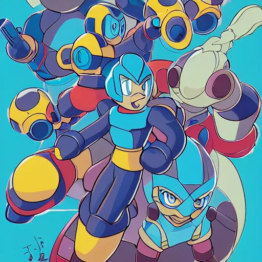Prompt: Megaman in a dire situation against the original bosses of the first game by sachin teng