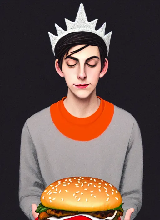 Image similar to portrait of teenage jughead jones wearing a light grey crown, symmetrical crown, sweater with picture of hamburger, eyes closed, crown, black hair, orange, intricate, elegant, glowing lights, warm lighting, highly detailed, digital painting, artstation, concept art, smooth, sharp focus, illustration, art by wlop, mars ravelo and greg rutkowski