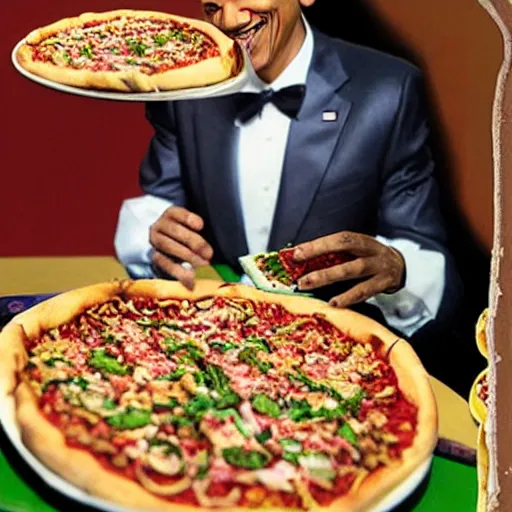 Image similar to “ diorama of barack obama serving pizza at an olive garden, actual photo, kind of like chuck e. cheese ”