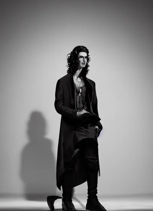 Image similar to a male model in black designer clothes ; long curly hair ; high fashion ; editorial look ; unreal engine