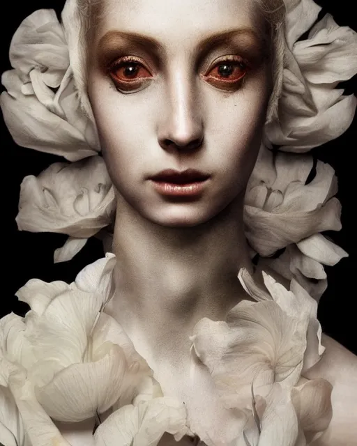 Image similar to stunning close up editorial portrait of a woman, symmetrical face, sci-fi skin, official prada editorial, beautiful pre-raphaelite portrait by charlie bowater, by Hendrik Kerstens, by Zhang Jingna, by norman rockwell, highly detailed