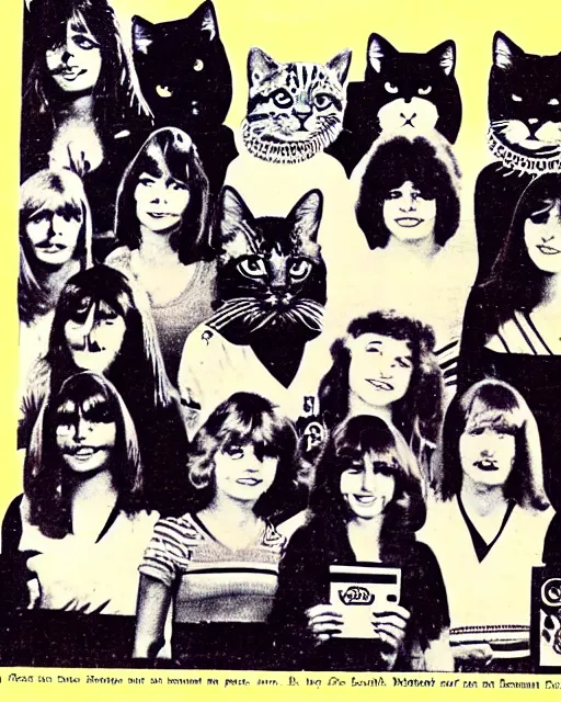 Prompt: a page from a 1977 feline high school yearbook, where all the students are cats