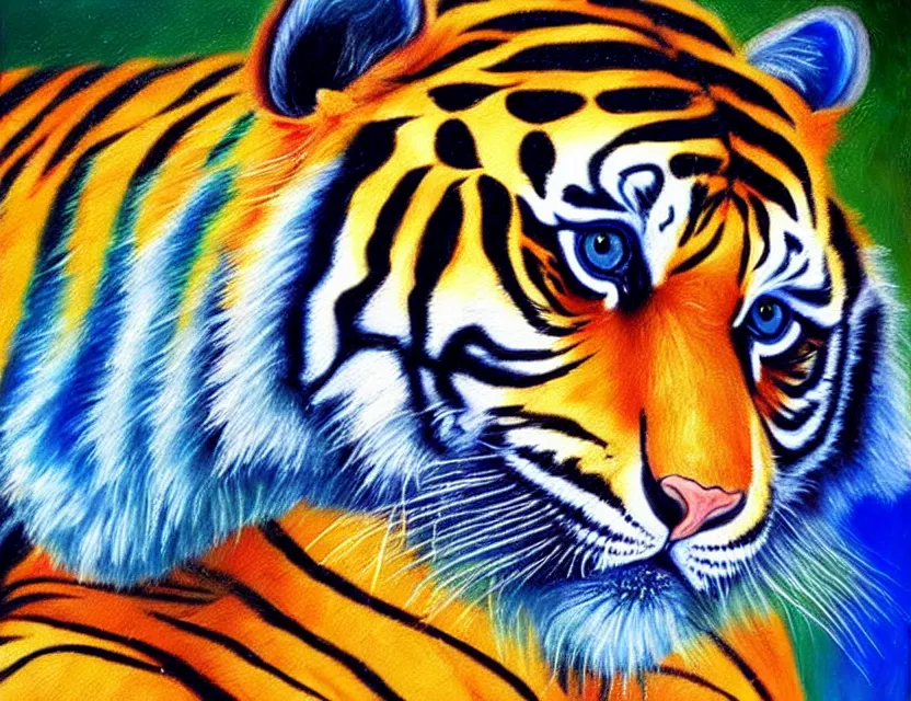 Image similar to a highly realistic oil painting of a tiger with seablue eyes, in the background you can see a chinese new year party going on with bright neon colors and with a old dirty sable hair brush