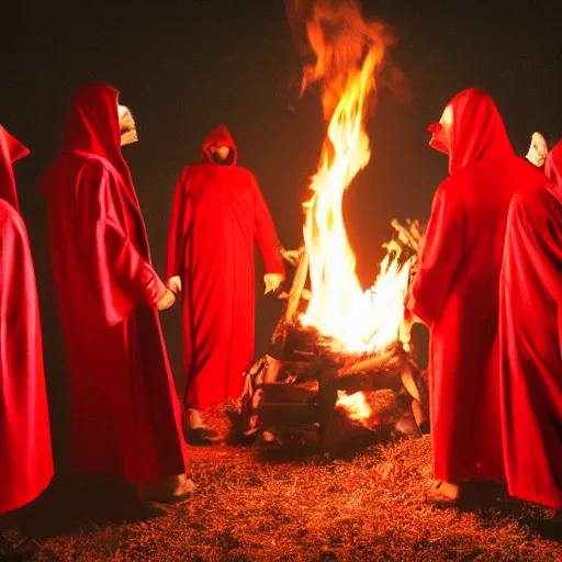 Prompt: A group of red robed cultist circling a bonfire at night. There robes has cultist markings on them. Dark, dreary, otherworldly, cinematic lighting, Nano.