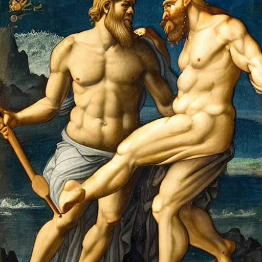 Prompt: zeus and poseidon, medieval painting, hyper realistic
