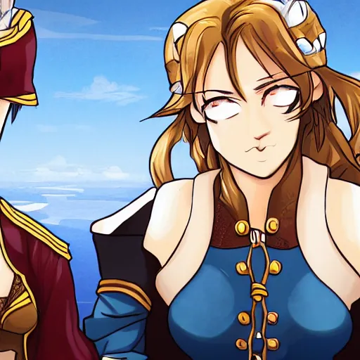 Image similar to a scene of a stare down between two beautiful female pirate captains, detailed anime art