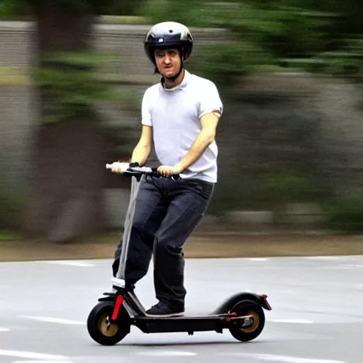 Prompt: Immanuel Kant rides an electric scooter