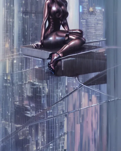 Image similar to a picture of a woman sitting on a ledge, cyberpunk art by hajime sorayama, cgsociety, figurative art, airbrush art, made of liquid metal, synthwave