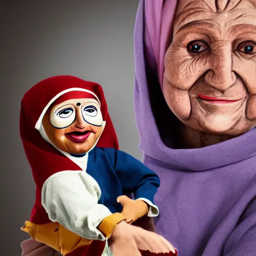 Image similar to portrait of a babushka with pet miniature ventriloquist dummy of john oliver