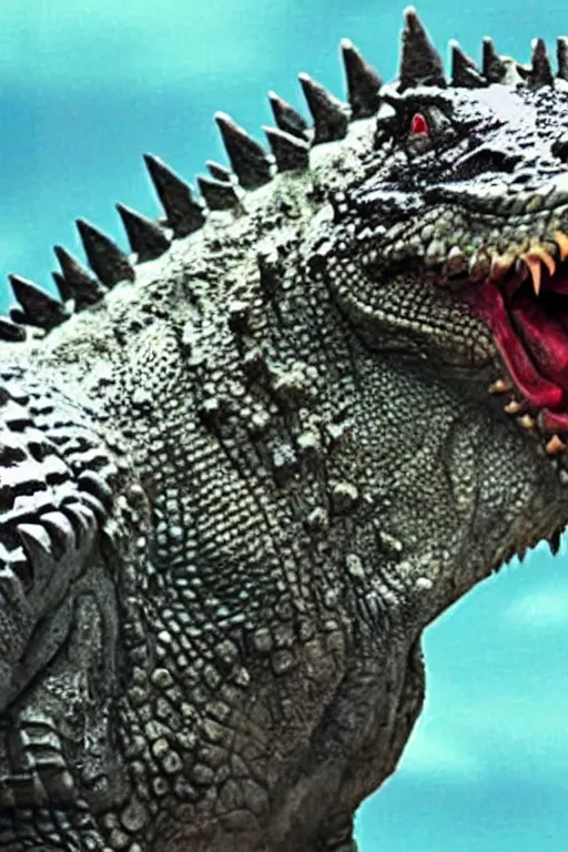 Prompt: Godzilla, kaiju, sea creature, crocodile, iguana, sharp teeth, scary look, angry