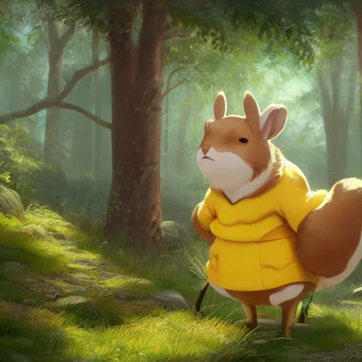 Image similar to concept art painting of an anthropomorphic chubby doe wearing yellow robes, in the deep forest, realistic, detailed, cel shaded, in the style of makoto shinkai and greg rutkowski and james gurney