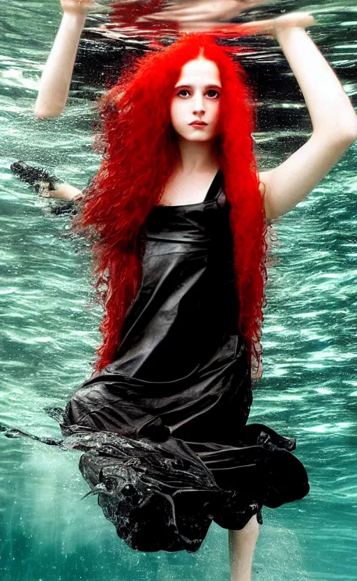 Prompt: portrait of a girl with long red hair in a black dress, under water, very beautiful style, girl wrapped in leather salwar bag black, photorealism jared french, george tucker