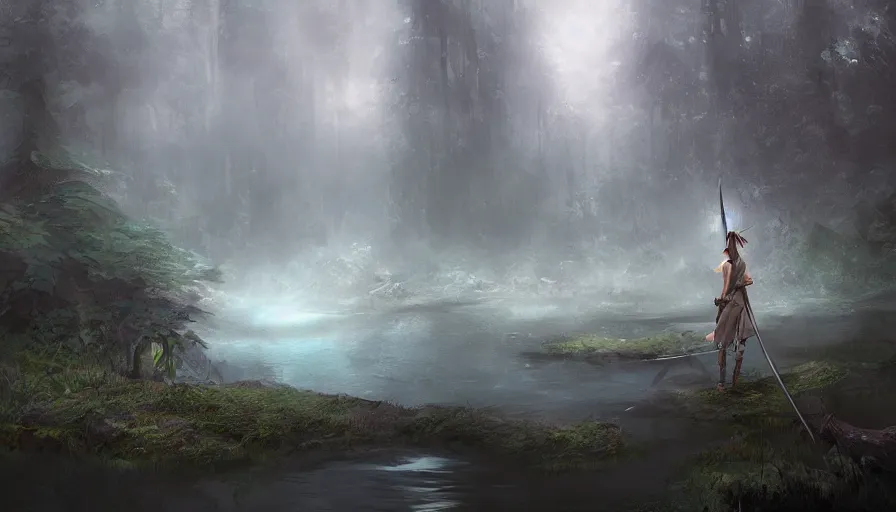 Prompt: sword stuck in a pond island, rainy enchanted forest of the ancients, moody high exposure, digital painting, concept art, photoshop speedpaint, by lihangw