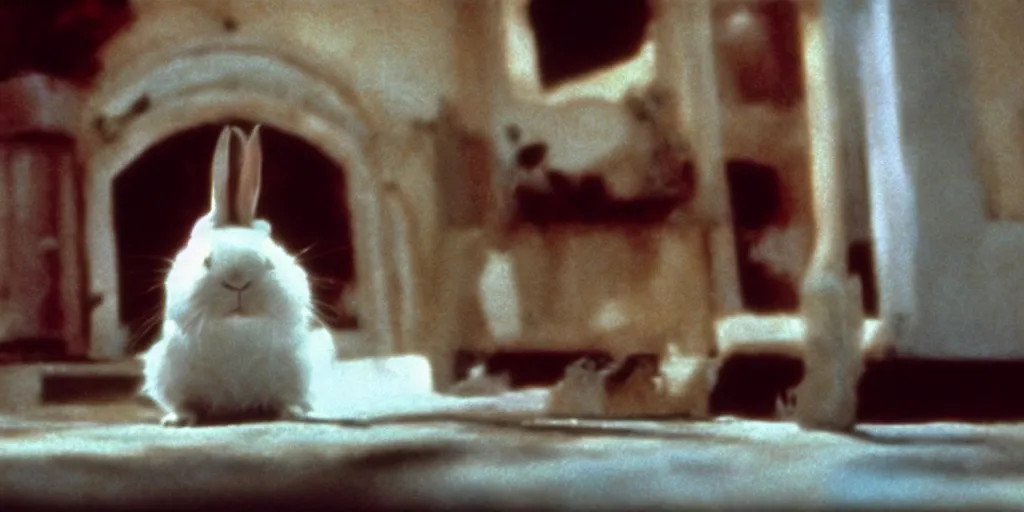 Prompt: a rabbit in the movie cinema paradiso, screenshot