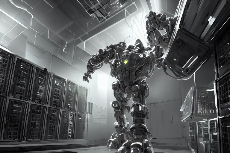 Image similar to parallax datacenter server room single mono colossus white rusty android robosaurus four - armed in artstation cinematic detailed concept art volumetric light sharp coherent cgsociety very very realistic