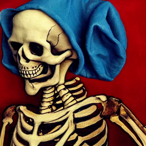 Image similar to smiling skeleton wearing blue puffy jacket, renaissance painting