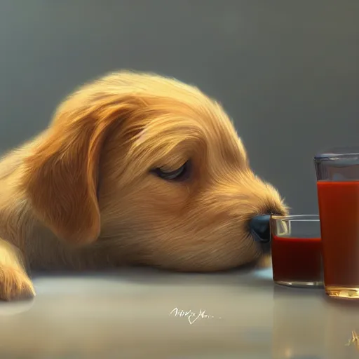 Image similar to cute puppy drinking juice, masterpiece, 8k, fantasy, cinematic lighting, highly detailed, digital painting, artstation, smooth, sharp focus, illustration, by Pixar