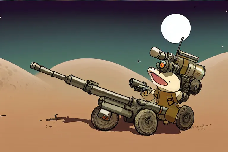 Image similar to a study of a cell shaded cartoon toad firing a bazooka on a desert road in front of a big moon, full body, wide shot, very muted colors, post grunge, studio ghibli, laurie greasley, highly detailed, deviantart, art by artgem