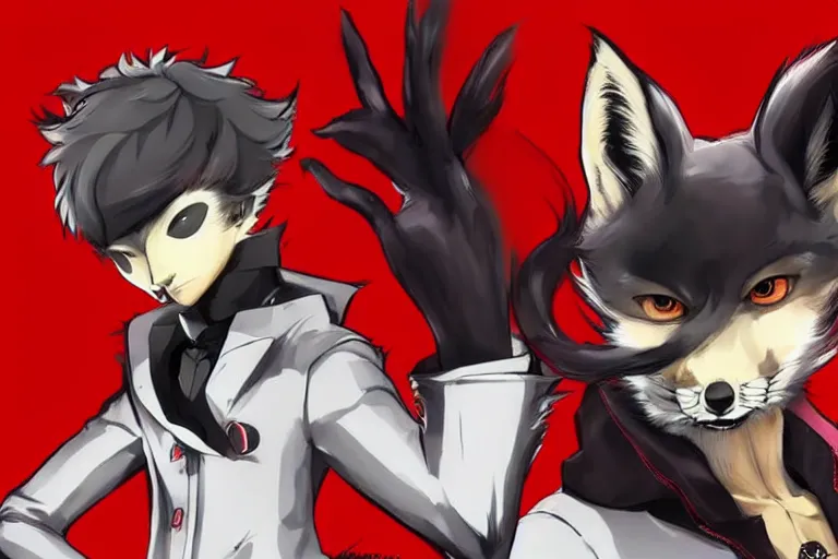 Image similar to a furry tan male fox on a persona 5 : royal ( by atlus ) video game splash screen, a furry male sandcolored tan fox fursona ( has hair ), persona 5 phantom thief style