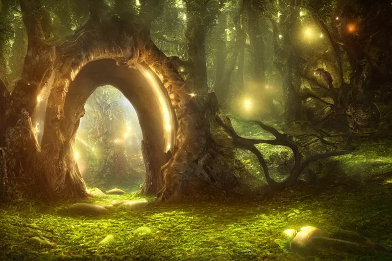 Prompt: A cosmic portal in a fantasy enchanted forest. Cinematic lighting. Photorealism.