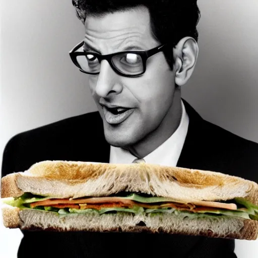 Image similar to a fat sandwich eating Jeff Goldblum