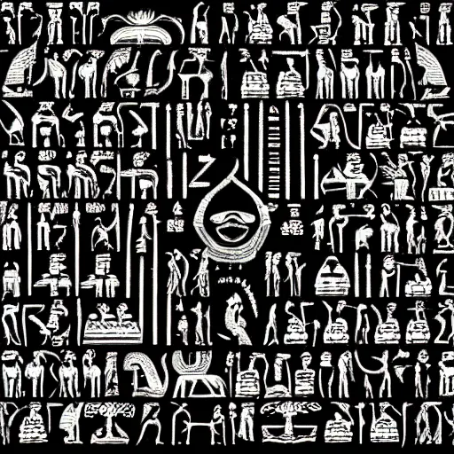 Prompt: evil black egyptian hieroglyphs on a black background, hidden eyes everywhere