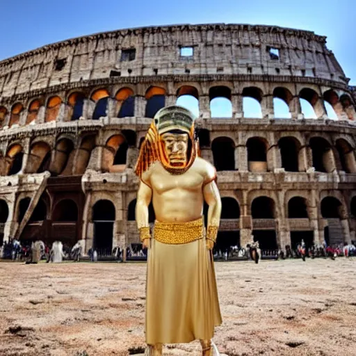 Image similar to tom cruise dressed as a pharaoh in the middle of the roman colosseum