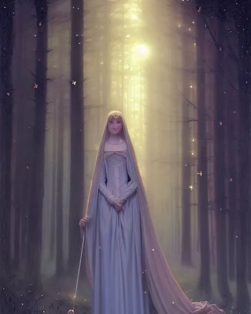 Prompt: nocturne, glowing, stars, a portrait of a beautiful medieval princess, tall and thin, highly detailed, mysterious, ethereal, glowing in the dark, haute couture, dark forest, illustration, painting, dramatic lighting, by edmund blair leighton, brom, charlie bowater, faces by otto schmidt