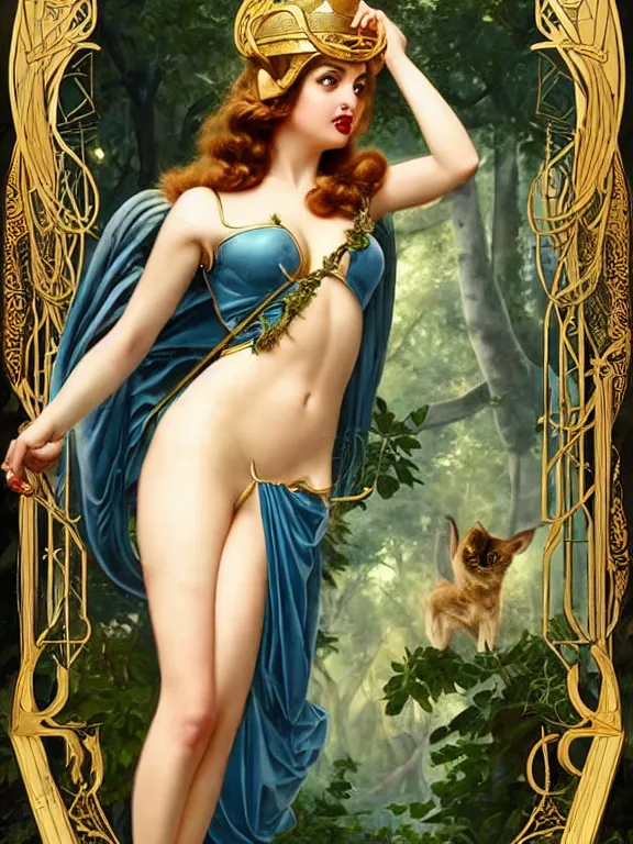 Image similar to Ana de armas as Artemis the Greek goddess of the hunt, a beautiful art nouveau portrait by Gil elvgren, Moonlit forest environment, centered composition, defined features, golden ratio, golden jewelry, sheer, unarmed