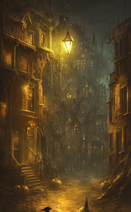 Prompt: dark fantasy concept art of a neighbour hood view at night of a halloween decorated street, dynamic lighting, photorealistic, cinematic, ultra detailed, trending on art station, creepy, lonely vibe, stunning visuals, extreme detail, eery vibe