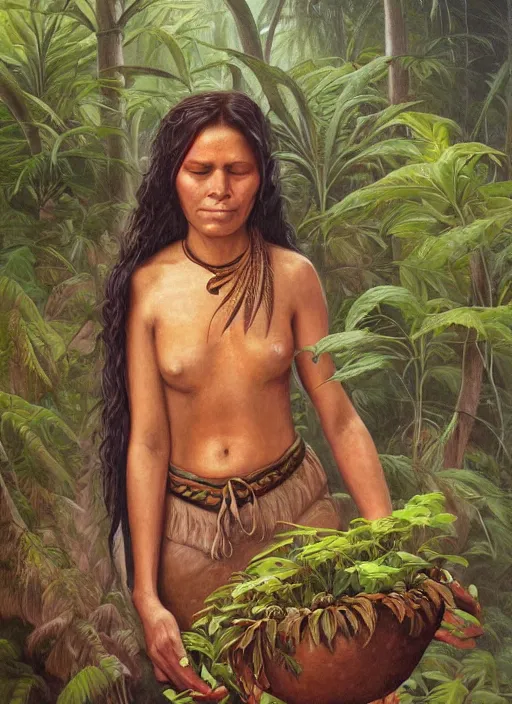 Image similar to a beautiful close up portrait of an indigenous woman holding medicinal plants in the jungle, highly detailed, art by christophe vacher