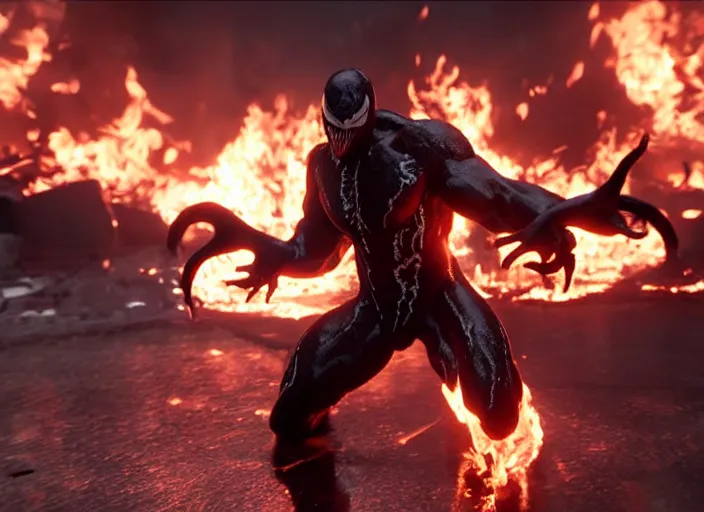 Image similar to venom standing still in a fire around him, ultra realistic 4 k unreal engine very cinematic render with ray tracing bloom ambient occlusion strong reflections depth of field fog