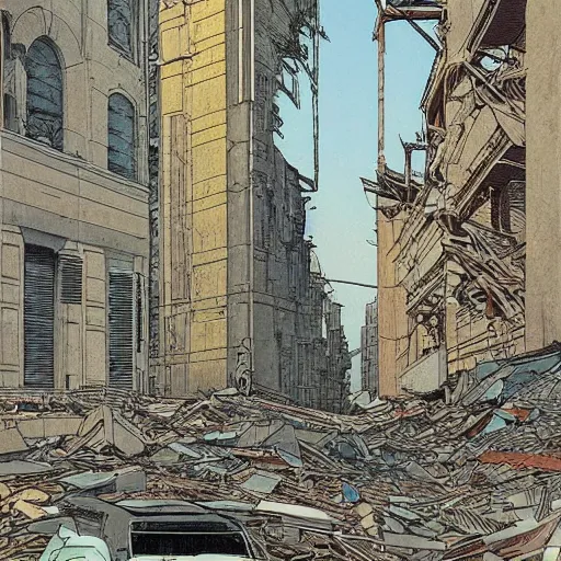 Image similar to crumbling society, dilapidated buildings, overcast skies, muted colors, drawn by moebius