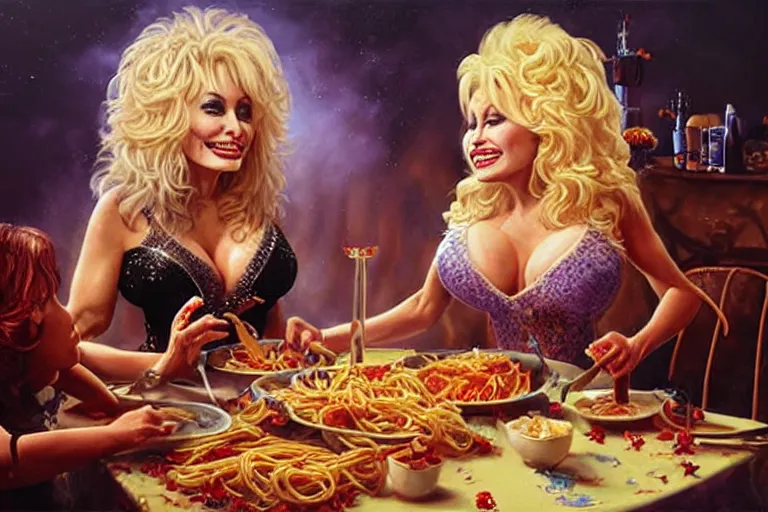 Image similar to dolly parton having a spaghetti dinner with paul stanley in kiss makeup, an oil painting by ross tran and thomas kincade