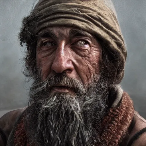 Image similar to realistic portrait of a human hobo druid, fantasy book, high detail, 8 k, octane render painting, dark fantasy