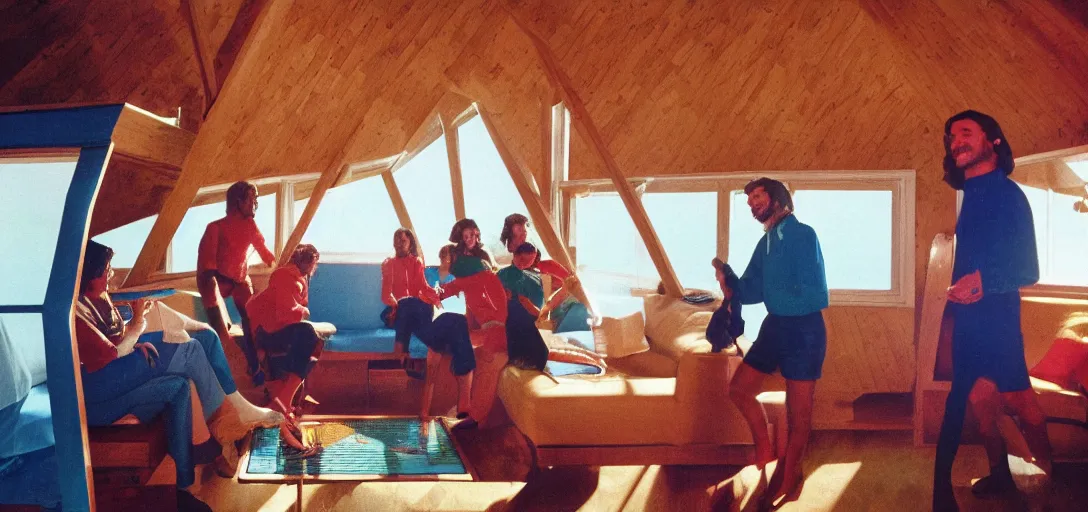Prompt: first-person perspective view of happy people wearing discowear having a party inside of a 1970s luxury a-frame cabin with a soviet computer console on the wall, large windows, an exterior of a sunlit ocean beach, ektachrome photograph, f8 aperture
