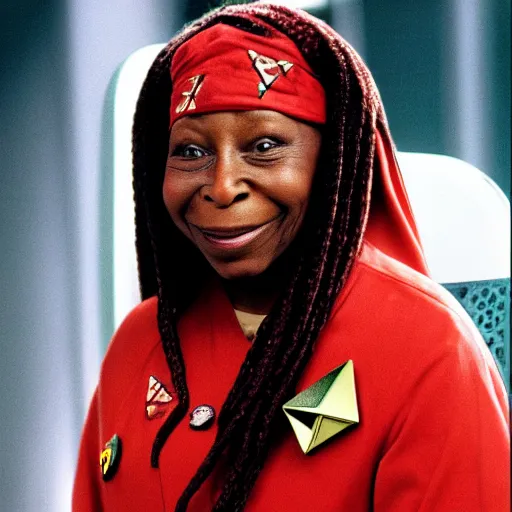 Prompt: whoopi goldberg as guinan from star trek wearing random colored geometric shapes on her head on the starship enterprise