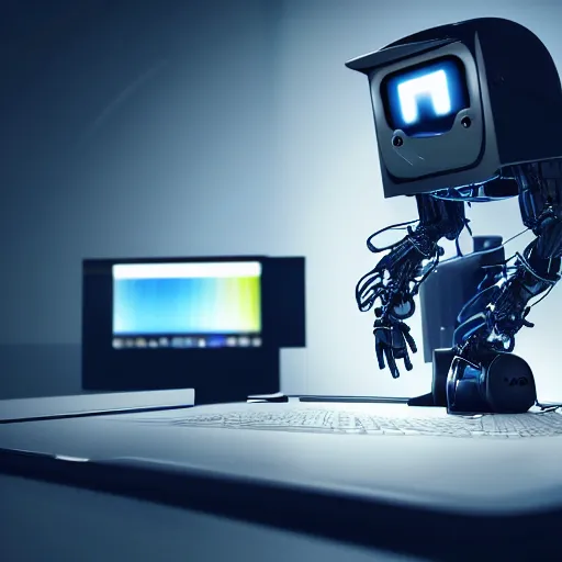 Prompt: robot working on a computer, hyperrealistic, cinematic lighting, award winning photography