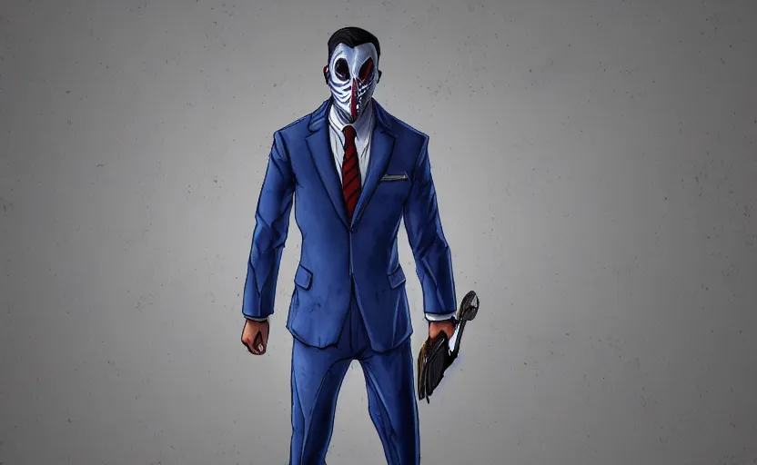 Image similar to cinematic view of a dead by daylight killer lawyer wearing a blue business suit, character portrait, digital art