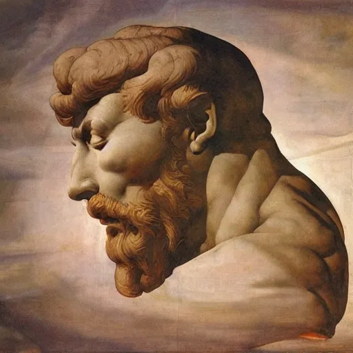 Prompt: a spaceship goes in the outer space with a colossal god face on the background, in the style of michelangelo buonarroti, classical paint